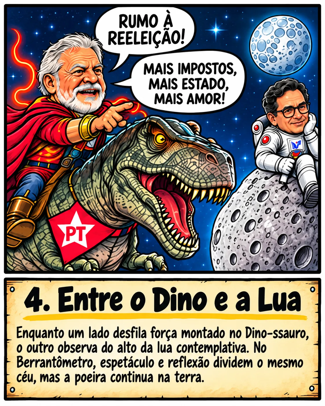 Charge: Lula, de capa vermelha, montado num dinossauro com o lenço do PT, diz 'Rumo à reeleição! Mais impostos, mais Estado, mais amor!'; ao lado, um astronauta pensativo sentado na lua. Legenda: Entre o Dino e a Lua. Enquanto um lado desfila força montado no Dino-ssauro, o outro observa do alto da lua contemplativa. No Berrantômetro, espetáculo e reflexão dividem o mesmo céu, mas a poeira continua na terra.