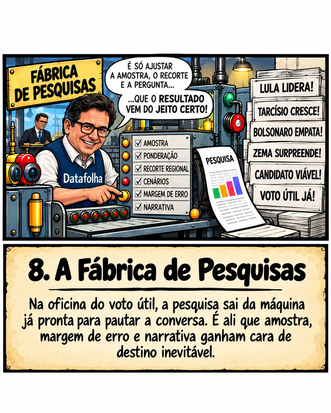 Charge: operário de colete 'Datafolha' aperta botões de uma máquina 'Fábrica de pesquisas' e diz 'é só ajustar a amostra, o recorte e a pergunta que o resultado vem do jeito certo'. Legenda: A fábrica de pesquisas. Na oficina do voto útil, a pesquisa sai da máquina já pronta para pautar a conversa. É ali que amostra, margem de erro e narrativa ganham cara de destino inevitável.