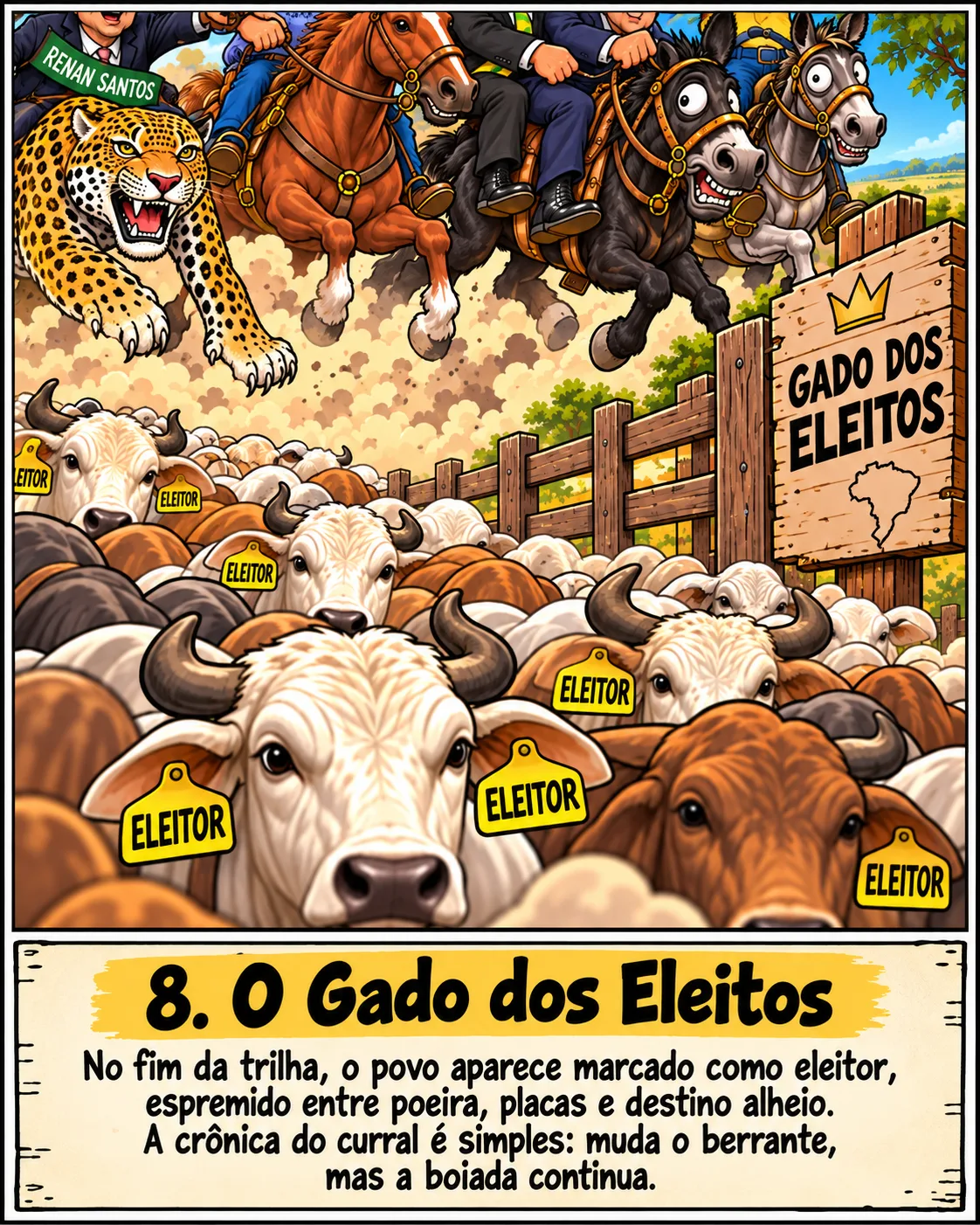 Charge: bois com brinco amarelo 'eleitor' apertados diante da placa 'Gado dos eleitos', enquanto as montarias dos candidatos saltam por cima. Legenda: O gado dos eleitos. No fim da trilha, o povo aparece marcado como eleitor, espremido entre poeira, placas e destino alheio. A crônica do curral é simples: muda o berrante, mas a boiada continua.