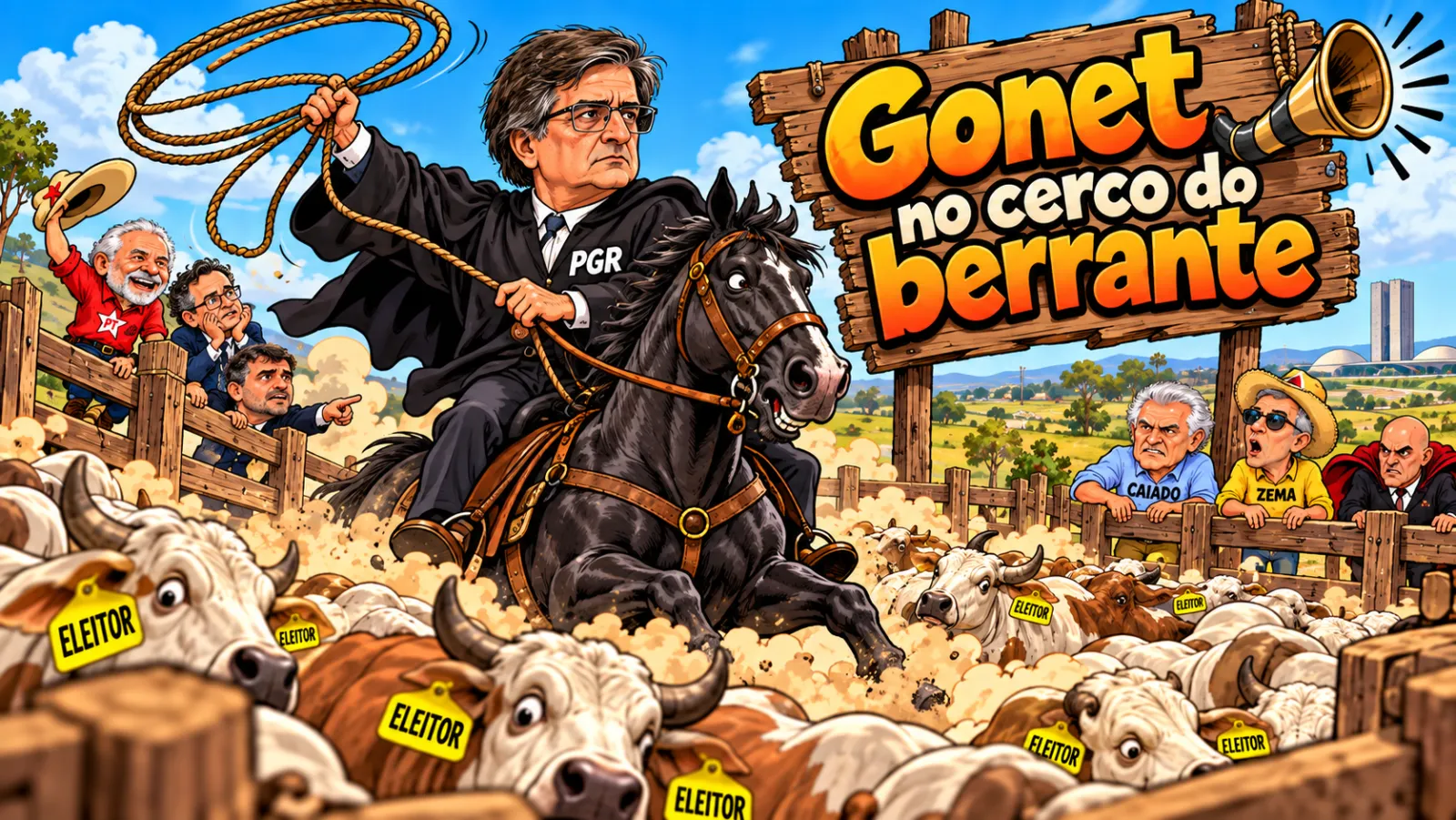 Charge: Paulo Gonet, de toga com a sigla PGR, gira um laço montado num cavalo preto enquanto candidatos observam da cerca.